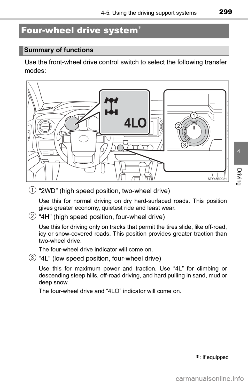 TOYOTA TACOMA 2019   (in English) Owners Guide 2994-5. Using the driving support systems
4
Driving
Four-wheel drive system
Use the front-wheel drive control switch to select the following transfer
modes:“2WD” (high speed position, two-wheel