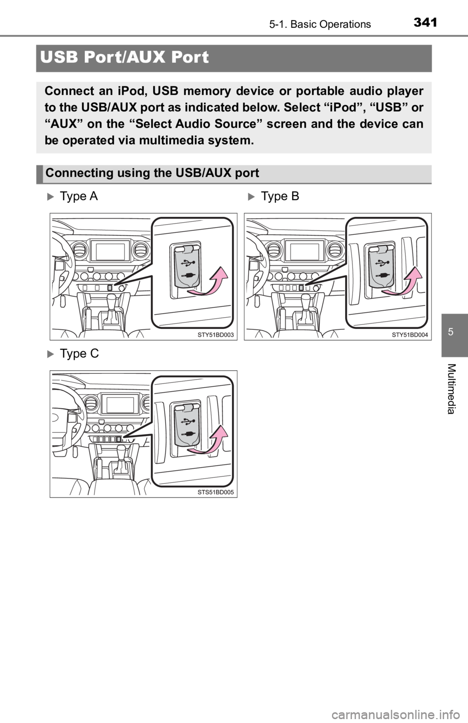 TOYOTA TACOMA 2019  Owners Manual (in English) 3415-1. Basic Operations
5
Multimedia
USB Por t/AUX Port
Connect  an  iPod,  USB  memory  device  or  portable  audio  player
to the USB/AUX port as indicated below. Select “iPod”, “USB” or
