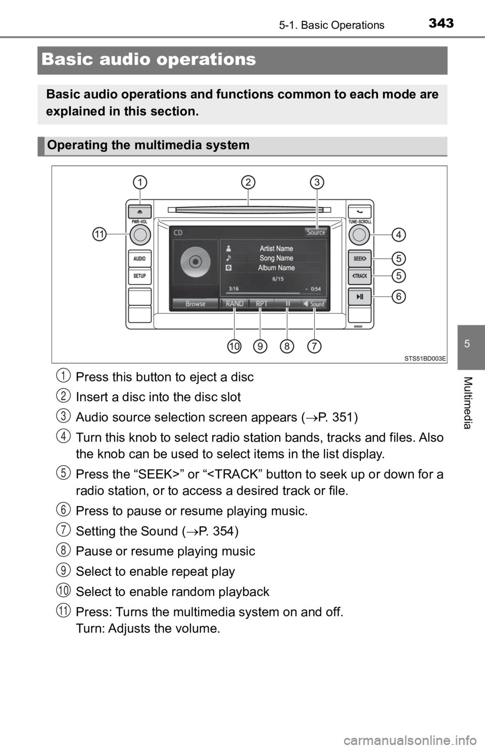 TOYOTA TACOMA 2019  Owners Manual (in English) 3435-1. Basic Operations
5
Multimedia
Basic audio operations
Press this button to eject a disc
Insert a disc into the disc slot
Audio source selection screen appears ( P.   3 5 1 )
Turn this knob t