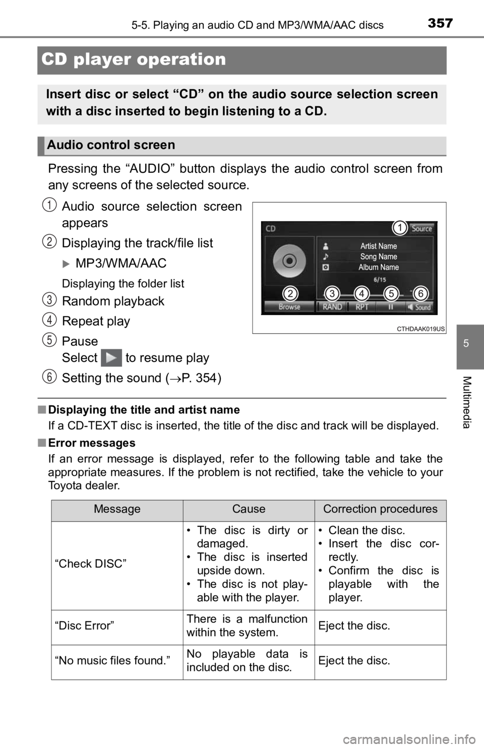 TOYOTA TACOMA 2019  Owners Manual (in English) 3575-5. Playing an audio CD and MP3/WMA/AAC discs
5
Multimedia
CD player operation
Pressing  the  “AUDIO”  button  displays  the  audio  control  screen  from
any screens of the selected source.
A
