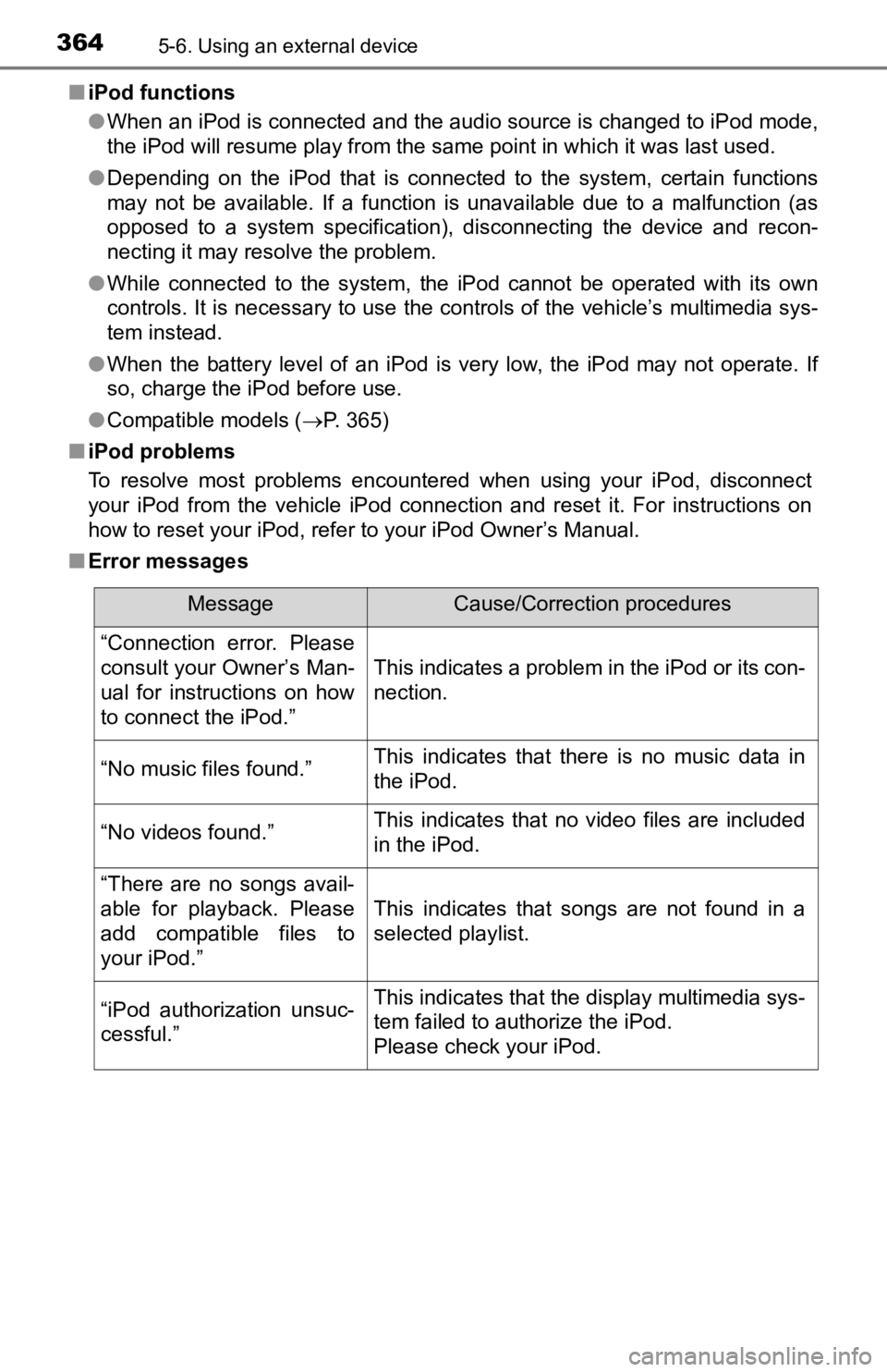 TOYOTA TACOMA 2019 Owners Manual (in English) 3645-6. Using an external device
■iPod functions
●When an iPod is connected and the audio source is changed to iP od mode,
the iPod will resume play from the same point in which it was l ast used. TOYOTA TACOMA 2019 Owners Manual (in English) 3645-6. Using an external device
■iPod functions
●When an iPod is connected and the audio source is changed to iP od mode,
the iPod will resume play from the same point in which it was l ast used.