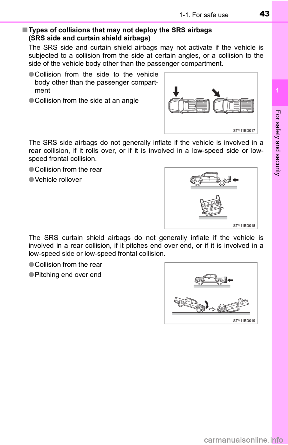 TOYOTA TACOMA 2019   (in English) Service Manual 431-1. For safe use
1
For safety and security
■Types of collisions that may not deploy the SRS airbags 
(SRS side and curtain shield airbags)
The  SRS  side  and  curtain  shield  airbags  may  not 