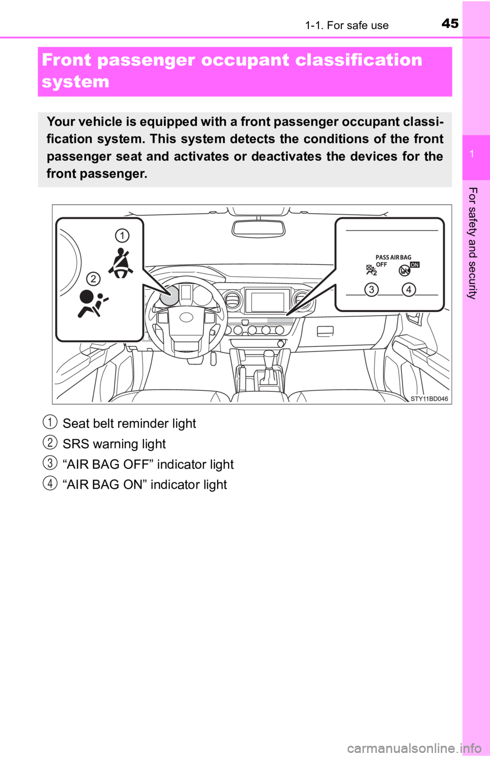 TOYOTA TACOMA 2019   (in English) Service Manual 451-1. For safe use
1
For safety and security
Front passenger occupant classification 
system
Your vehicle is equipped with a front passenger occupant classi -
fication  system.  This  system  det ect