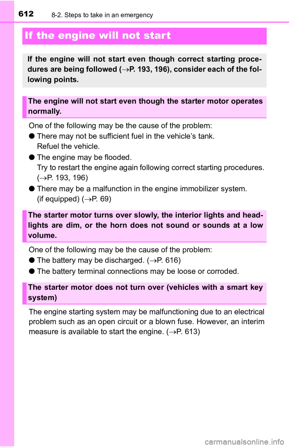 TOYOTA TACOMA 2019 Owners Manual (in English) 6128-2. Steps to take in an emergency
If the engine will not star t
One of the following may be the cause of the problem:
● There may not be sufficient f uel in the vehicle’s tank.
Refuel the veh TOYOTA TACOMA 2019 Owners Manual (in English) 6128-2. Steps to take in an emergency
If the engine will not star t
One of the following may be the cause of the problem:
● There may not be sufficient f uel in the vehicle’s tank.
Refuel the veh