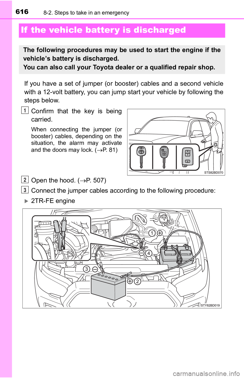 TOYOTA TACOMA 2019  Owners Manual (in English) 6168-2. Steps to take in an emergency
If  the vehicle batter y is discharged
If  you  have  a  set  of  jumper  (or  booster)  cables  and  a  second  ve hicle
with a 12-volt battery, you can jump sta