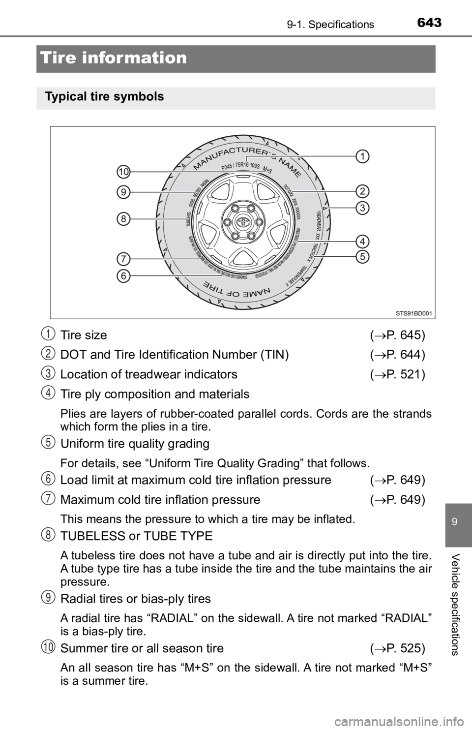 TOYOTA TACOMA 2019  Owners Manual (in English) 6439-1. Specifications
9
Vehicle specifications
Tire information
Tire size ( P. 645)
DOT and Tire Identification Number (TIN) ( P. 644)
Location of treadwear indicators ( P. 521)
Tire ply com