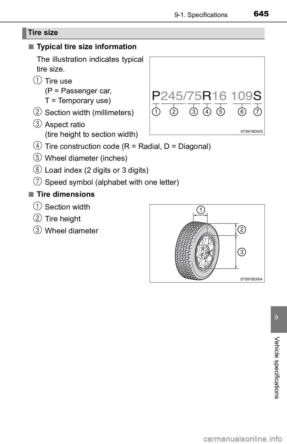 TOYOTA TACOMA 2019  Owners Manual (in English) 6459-1. Specifications
9
Vehicle specifications
■Typical tire size information
The  illustration  indicates  typical
tire size.
Tire use 
(P = Passenger car, 
T = Temporary use)
Section widt h (mill
