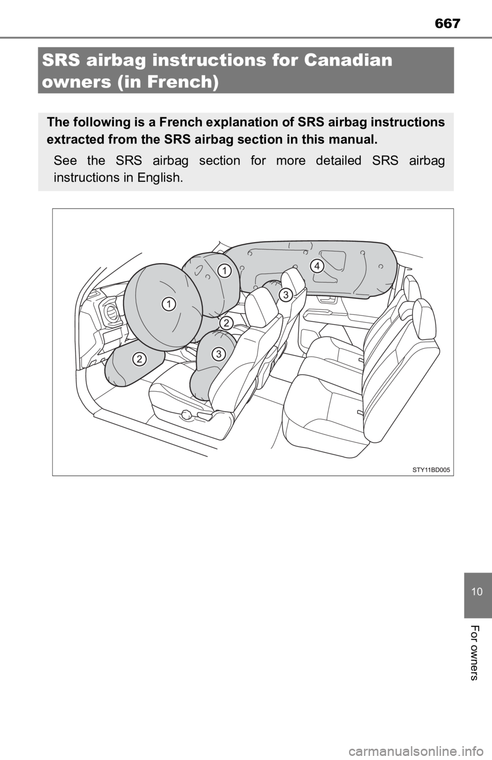 TOYOTA TACOMA 2019  Owners Manual (in English) 667
10
For owners
SRS airbag instructions for Canadian 
owners (in French)
The following is a French explanation of SRS airbag instructions
extracted from the SRS air bag section in this manual.
See  