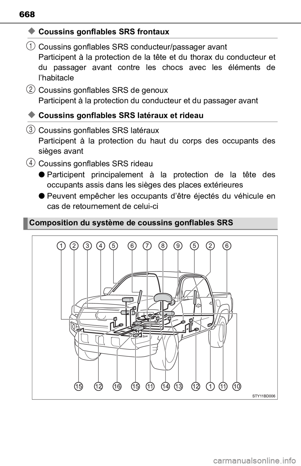 TOYOTA TACOMA 2019  Owners Manual (in English) 668
◆Coussins gonflables SRS frontaux
Coussins gonflables SRS conducteur/passager avant 
Participent  à  la  protection  de  la  tête  et  du  thorax  du  conducteur  et
du  passager  avant  contr