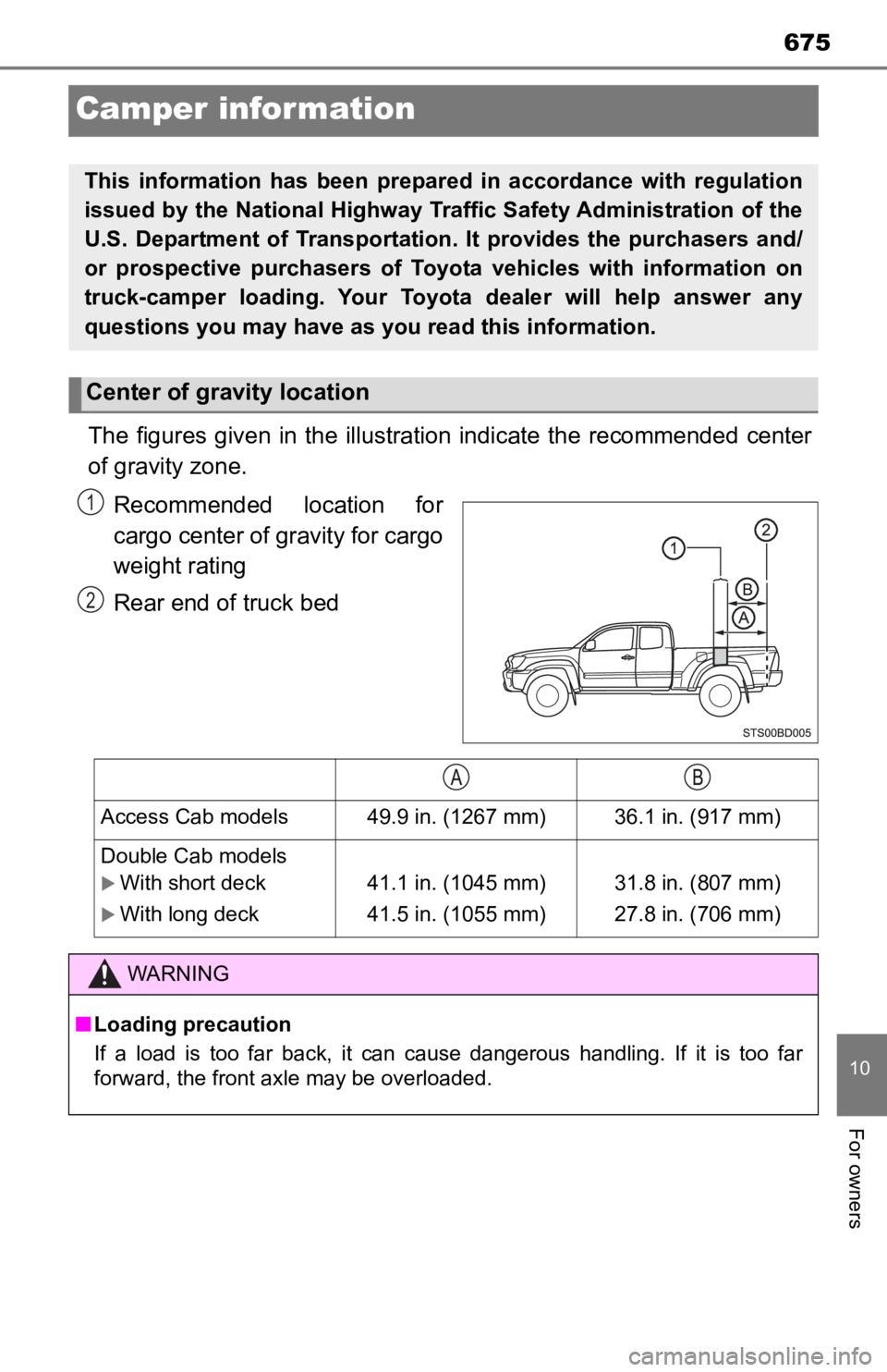 TOYOTA TACOMA 2019 Owners Manual (in English) 675
10
For owners
Camper information
The figures given in the illustration indicate the recommended center
of gravity zone.
Recommended location for
cargo center of gravity for cargo
weight TOYOTA TACOMA 2019 Owners Manual (in English) 675
10
For owners
Camper information
The figures given in the illustration indicate the recommended center
of gravity zone.
Recommended location for
cargo center of gravity for cargo
weight