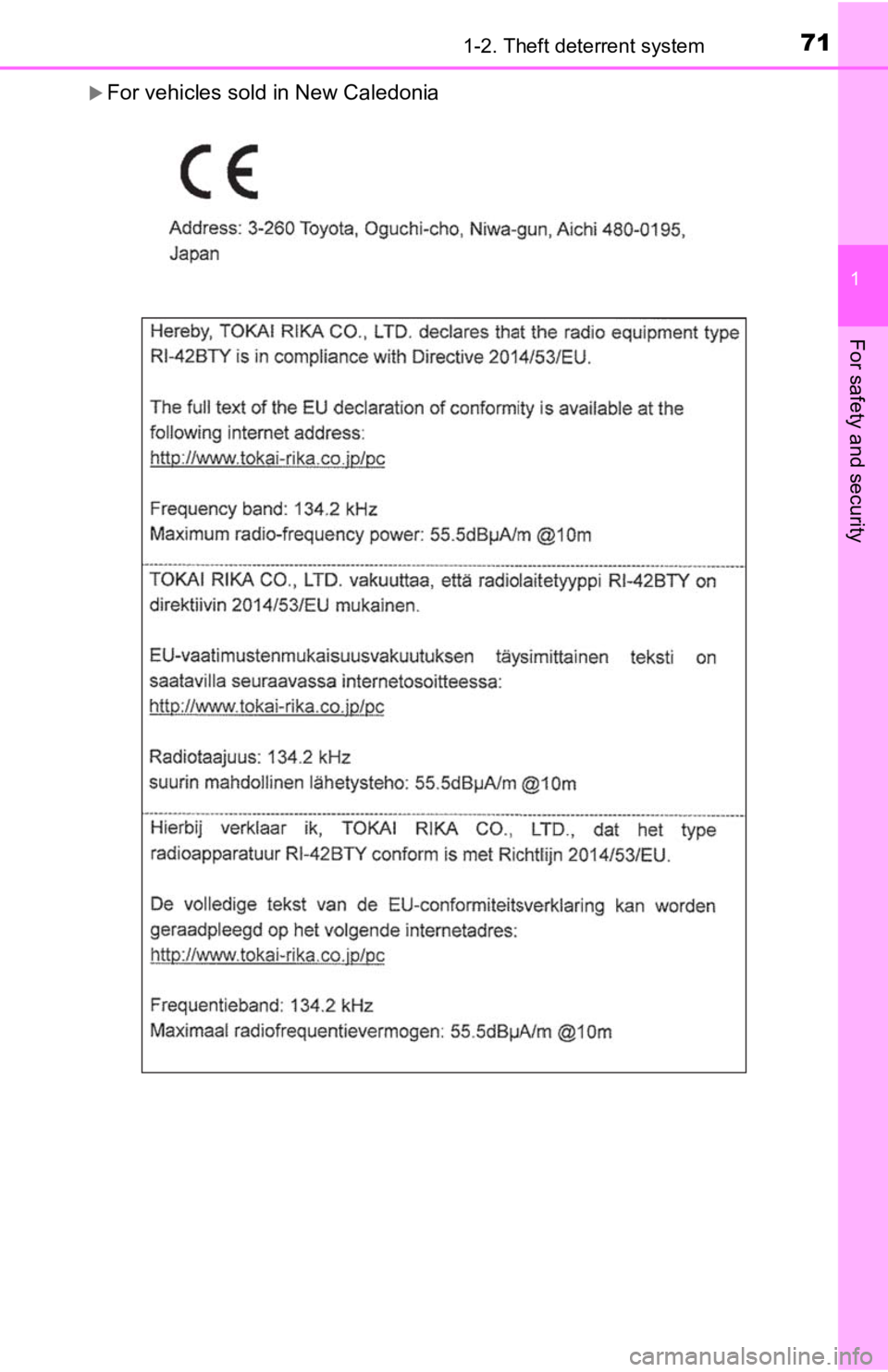 TOYOTA TACOMA 2019   (in English) Manual PDF 711-2. Theft deterrent system
1
For safety and security
For vehicles sold in New Caledonia 