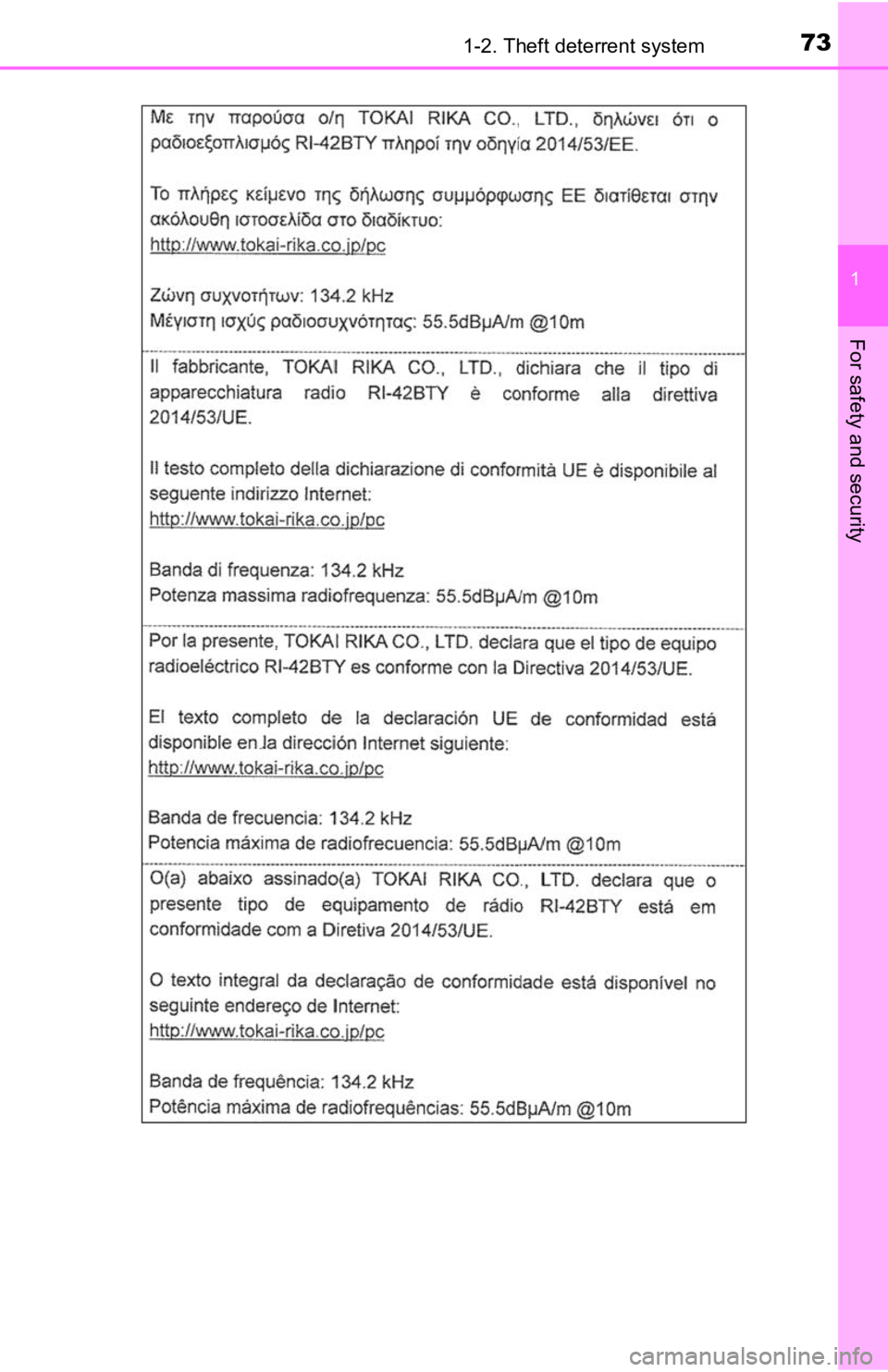 TOYOTA TACOMA 2019   (in English) Manual PDF 731-2. Theft deterrent system
1
For safety and security 
