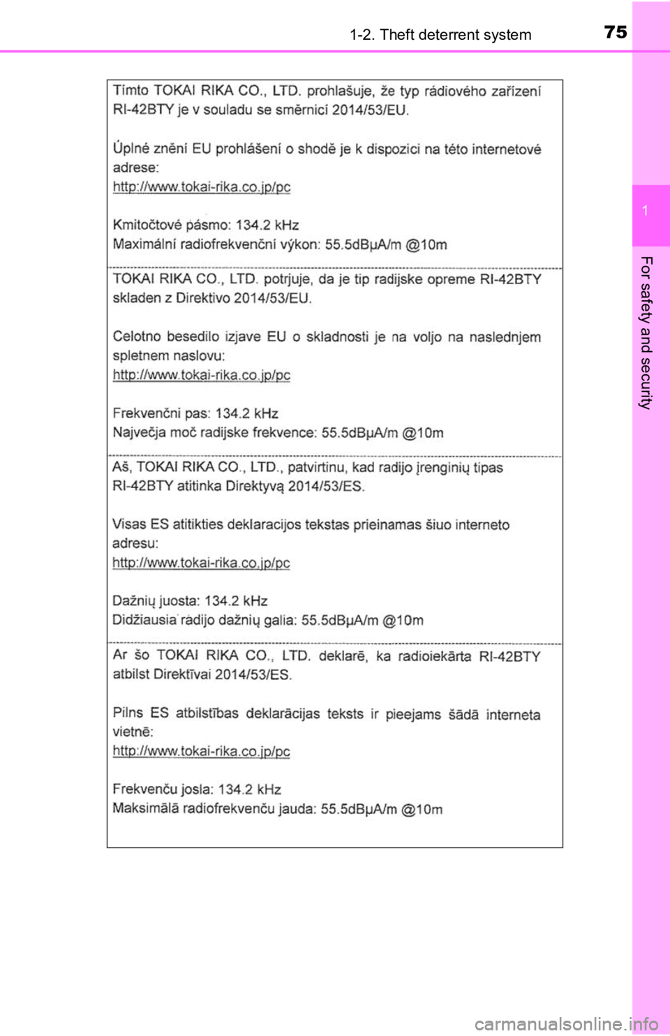 TOYOTA TACOMA 2019   (in English) Manual PDF 751-2. Theft deterrent system
1
For safety and security 