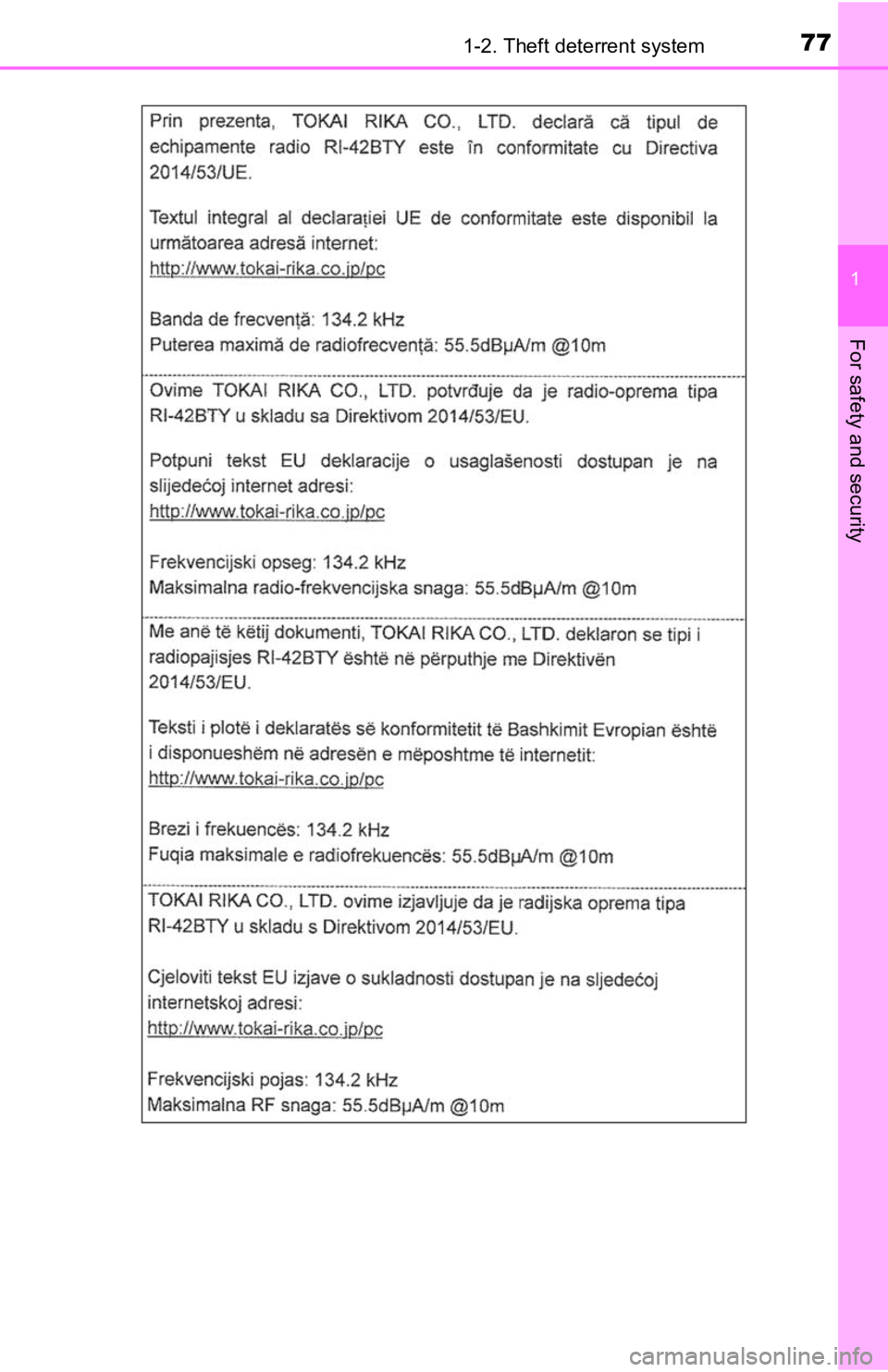 TOYOTA TACOMA 2019   (in English) Manual PDF 771-2. Theft deterrent system
1
For safety and security 