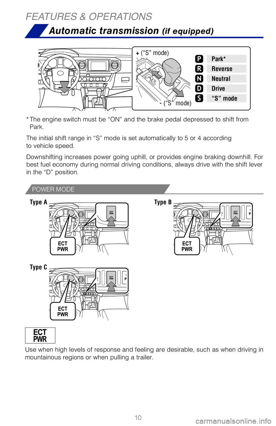TOYOTA TACOMA 2019 (in English) User Guide 10
Automatic transmission (if equipped)
* The engine switch must be “ON” and the brake pedal depressed to sh\
ift from
Park.
The initial shift range in “S” mode is set automatically to 5 or 4 TOYOTA TACOMA 2019 (in English) User Guide 10
Automatic transmission (if equipped)
* The engine switch must be “ON” and the brake pedal depressed to sh\
ift from
Park.
The initial shift range in “S” mode is set automatically to 5 or 4