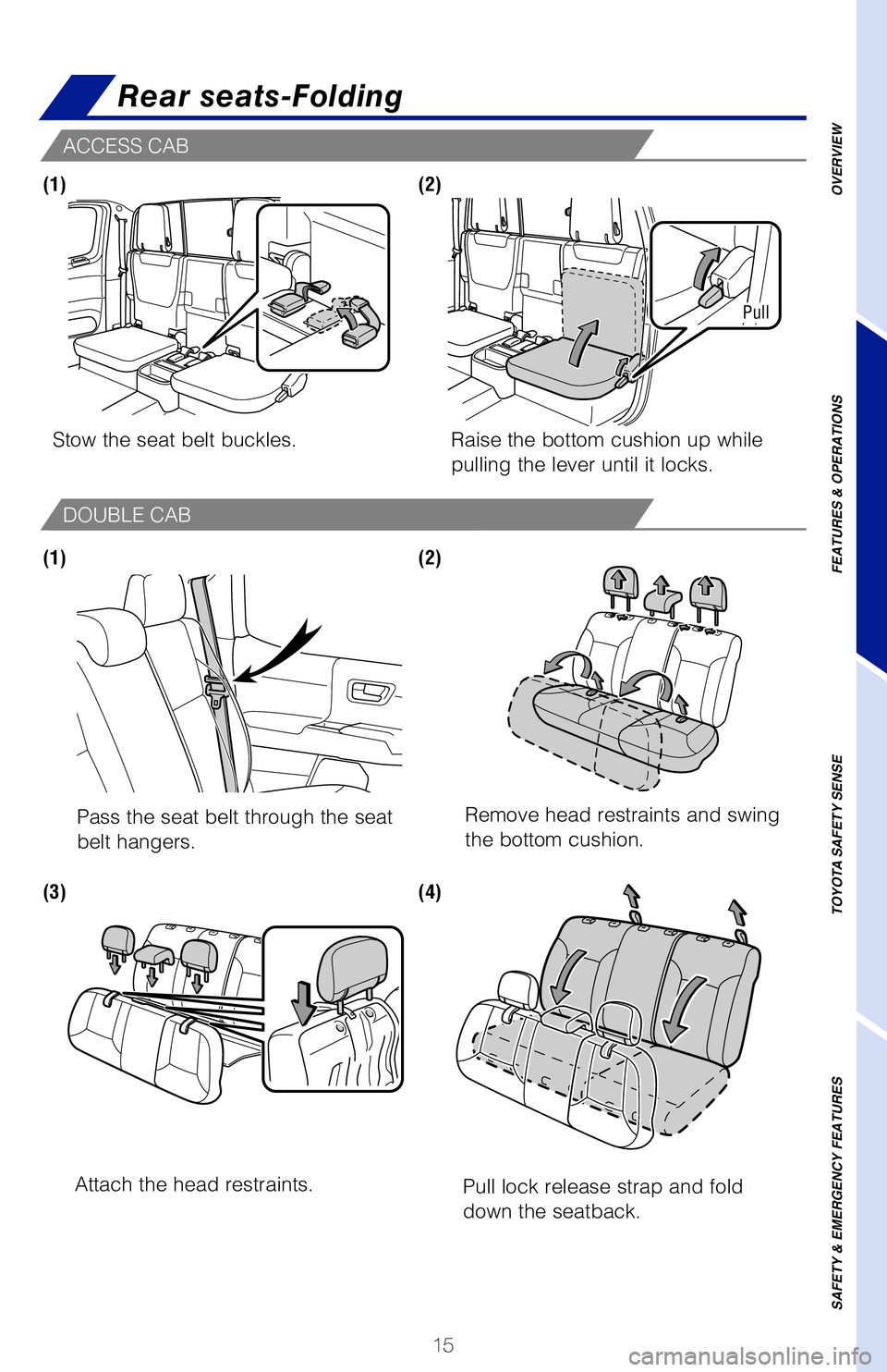 TOYOTA TACOMA 2019  Owners Manual (in English) 15
(1) Pull slightly
Lock release lever
ACCESS CAB
DOUBLE CAB
Pull lock release strap and fold 
down the seatback.
Stow the seat belt buckles.Pass the seat belt through the seat
belt hangers. Raise th