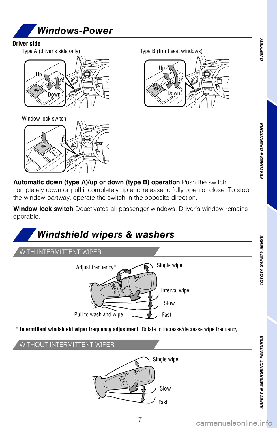 TOYOTA TACOMA 2019 (in English) User Guide 17
Lights & turn signals
Windshield wipers & washers
Windows-Power
WITH INTERMITTENT WIPER
WITHOUT INTERMITTENT WIPER
Daytime Running Light system Automatically turns on under certain conditions to
TOYOTA TACOMA 2019 (in English) User Guide 17
Lights & turn signals
Windshield wipers & washers
Windows-Power
WITH INTERMITTENT WIPER
WITHOUT INTERMITTENT WIPER
Daytime Running Light system Automatically turns on under certain conditions to