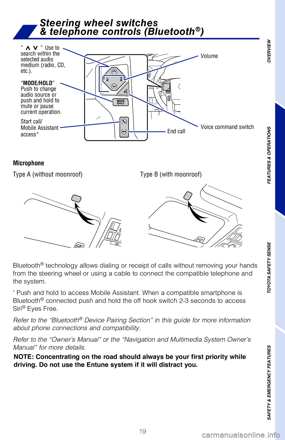 TOYOTA TACOMA 2019 (in English) Owners Manual 19
NOTE: Concentrating on the road should always be your first priority whi\
le
driving. Do not use the Entune system if it will distract you.
“MODE/HOLD”
Push to change
audio source or
push TOYOTA TACOMA 2019 (in English) Owners Manual 19
NOTE: Concentrating on the road should always be your first priority whi\
le
driving. Do not use the Entune system if it will distract you.
“MODE/HOLD”
Push to change
audio source or
push