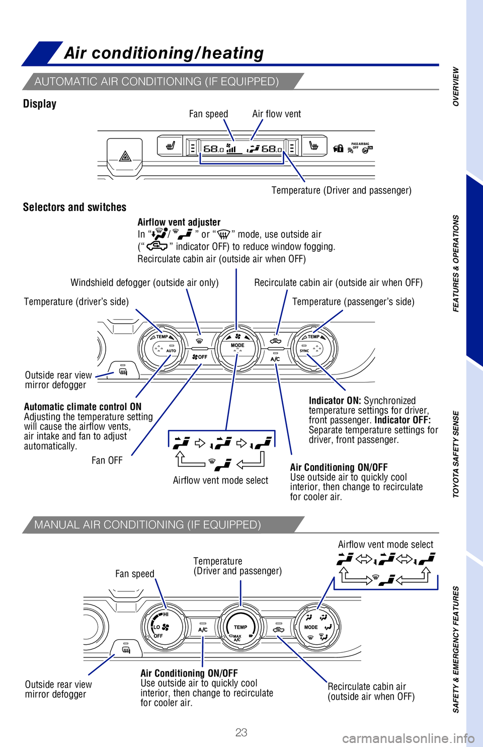 TOYOTA TACOMA 2019  Owners Manual (in English) 23
Multi-Information Display (MID)
Moonroof (if equipped)
Air conditioning/heating
Lightly press either side of the moonroof switch while opening/tilting i\
s in progress, 
the moonroof stops partway.