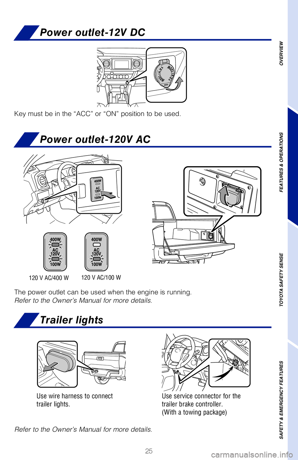 TOYOTA TACOMA 2019 (in English) Owners Manual 25
Power outlet-12V DC
Power outlet-120V AC
Trailer lights
To find your system, refer to the Audio section of this guide,
Push “SETUP” button next to the screen
then select “General” in the to TOYOTA TACOMA 2019 (in English) Owners Manual 25
Power outlet-12V DC
Power outlet-120V AC
Trailer lights
To find your system, refer to the Audio section of this guide,
Push “SETUP” button next to the screen
then select “General” in the to