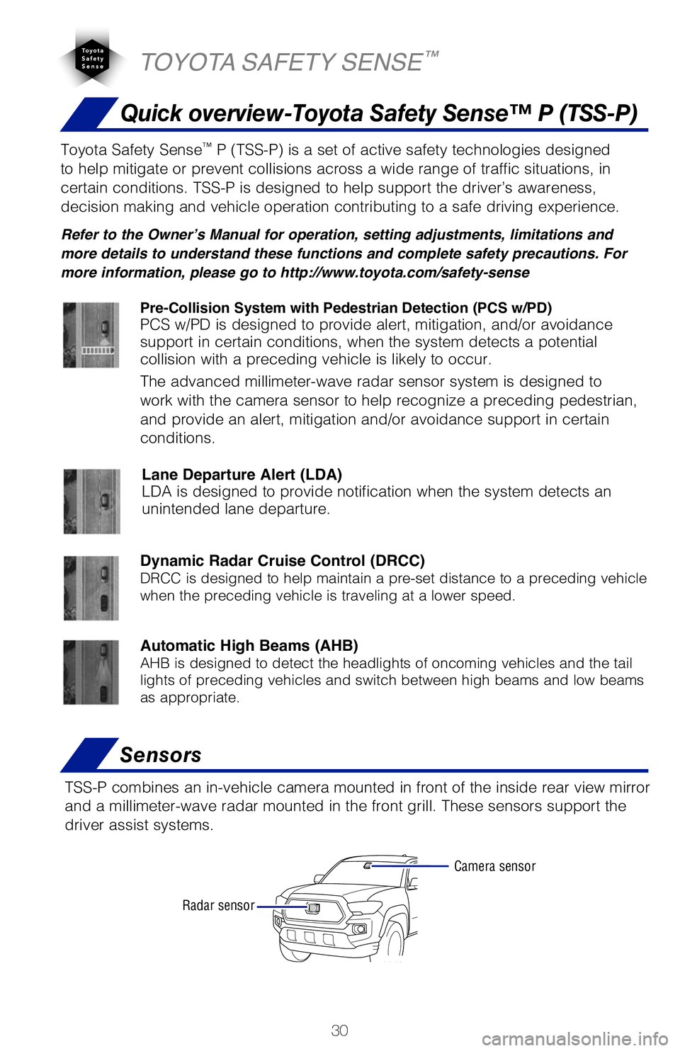 TOYOTA TACOMA 2019 (in English) Owners Guide 30
The Pre-Collision System uses a radar sensor and camera sensor to help d\
etect a
vehicle or pedestrian in front of your vehicle.
As there is a limit to the degree of recognition accuracy and cont TOYOTA TACOMA 2019 (in English) Owners Guide 30
The Pre-Collision System uses a radar sensor and camera sensor to help d\
etect a
vehicle or pedestrian in front of your vehicle.
As there is a limit to the degree of recognition accuracy and cont