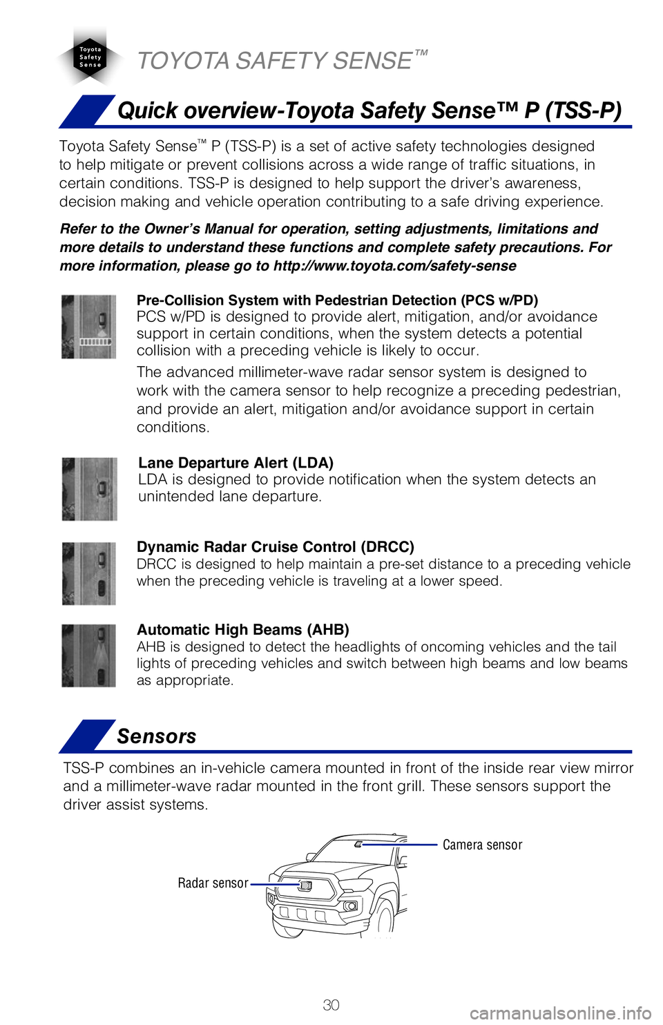 TOYOTA TACOMA 2019  Owners Manual (in English) 30
The Pre-Collision System uses a radar sensor and camera sensor to help d\
etect a 
vehicle or pedestrian in front of your vehicle.
As there is a limit to the degree of recognition accuracy and cont