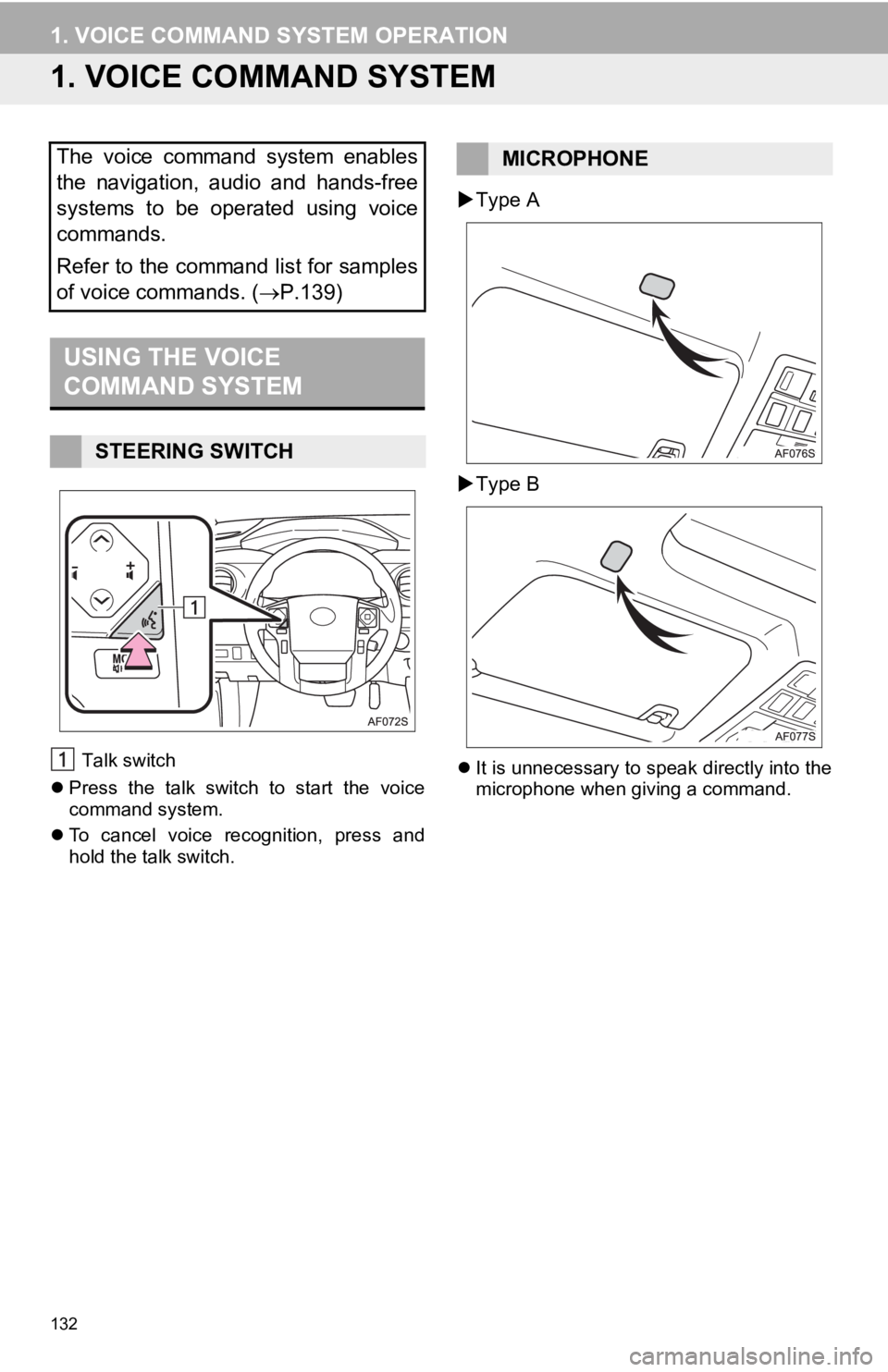TOYOTA TACOMA 2019  Accessories, Audio & Navigation (in English) 132
1. VOICE COMMAND SYSTEM OPERATION
1. VOICE COMMAND SYSTEM
Talk switch
 Press  the  talk  switch  to  start  the  voice
command system.
 To  cancel  voice  recognition,  press  and
hold the t