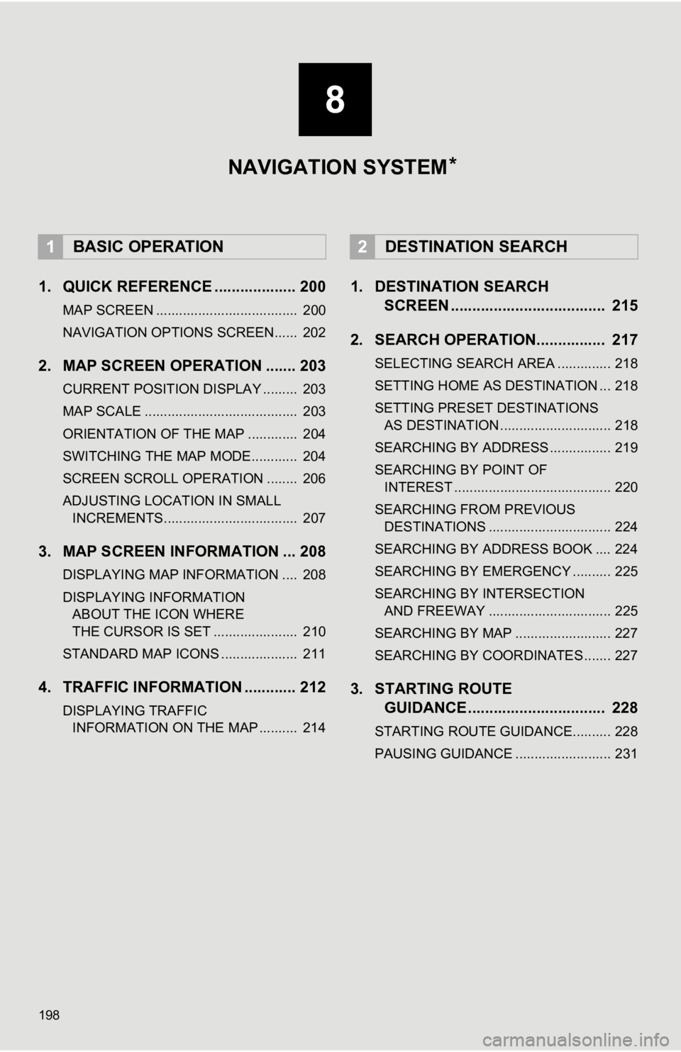 TOYOTA TACOMA 2019 Accessories, Audio & Navigation (in English) 198
1. QUICK REFERENCE ................... 200
MAP SCREEN ..................................... 200
NAVIGATION OPTIONS SCREEN...... 202
2. MAP SCREEN OPERATION ....... 203
CURRENT POSITION DISPLAY . TOYOTA TACOMA 2019 Accessories, Audio & Navigation (in English) 198
1. QUICK REFERENCE ................... 200
MAP SCREEN ..................................... 200
NAVIGATION OPTIONS SCREEN...... 202
2. MAP SCREEN OPERATION ....... 203
CURRENT POSITION DISPLAY .