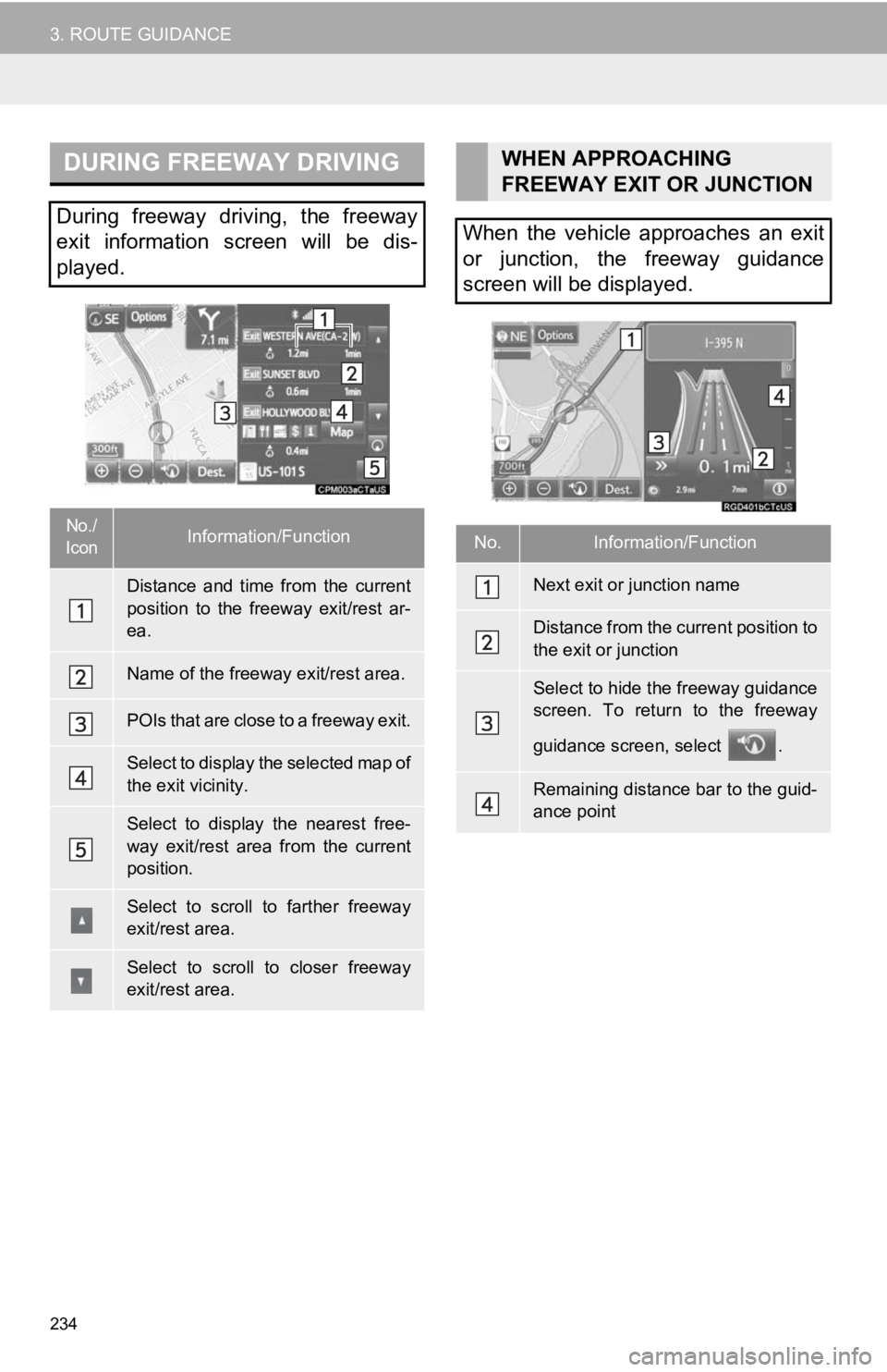 TOYOTA TACOMA 2019  Accessories, Audio & Navigation (in English) 234
3. ROUTE GUIDANCE
DURING FREEWAY DRIVING
During  freeway  driving,  the  freeway
exit  information  screen  will  be  dis-
played.
No./
IconInformation/Function
Distance  and  time  from  the  cur