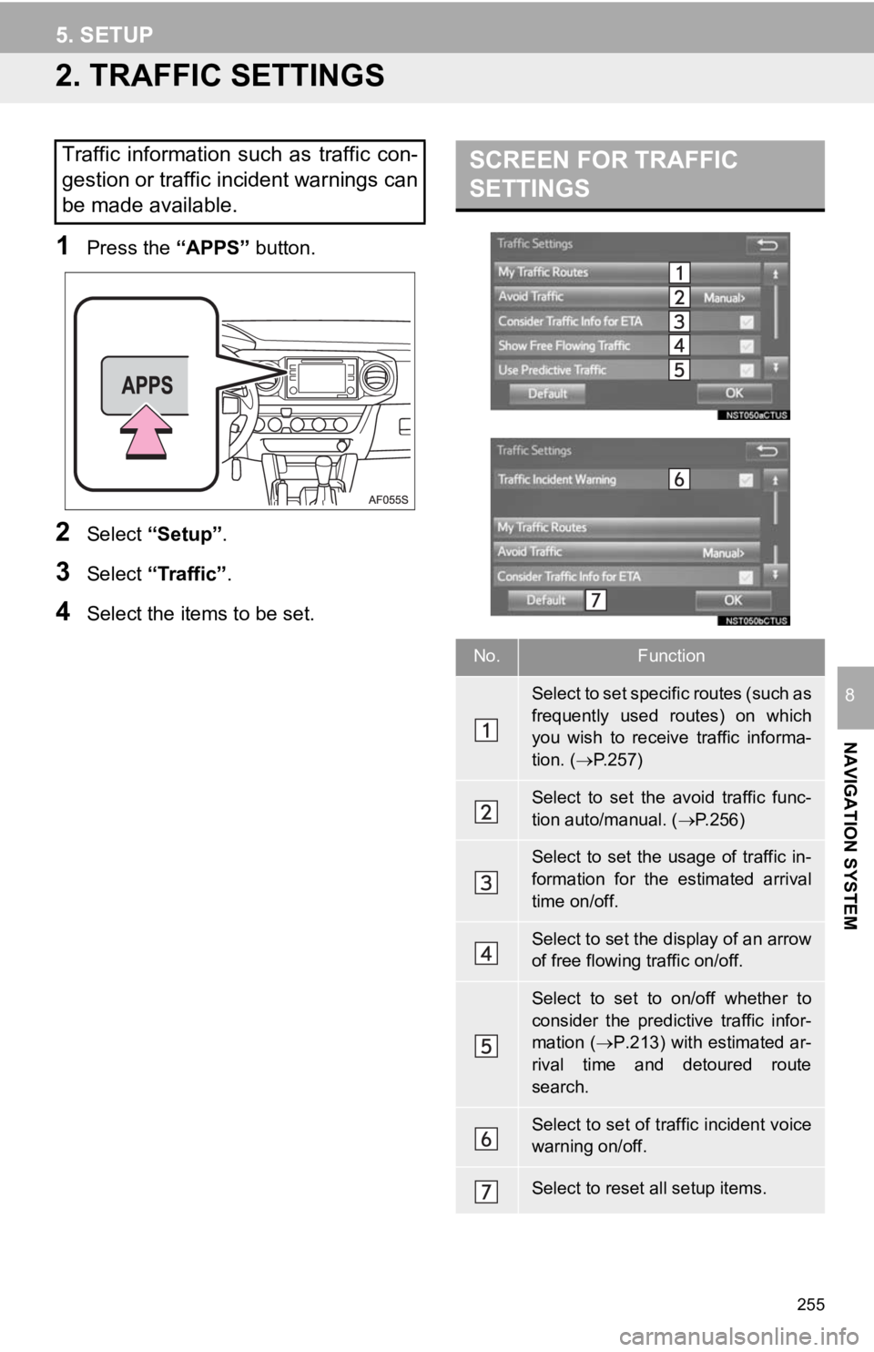 TOYOTA TACOMA 2019  Accessories, Audio & Navigation (in English) 255
5. SETUP
NAVIGATION SYSTEM
8
2. TRAFFIC SETTINGS
1Press the “APPS” button.
2Select “Setup” .
3Select “Traffic” .
4Select the items to be set.
Traffic  information  such  as  traffic  c