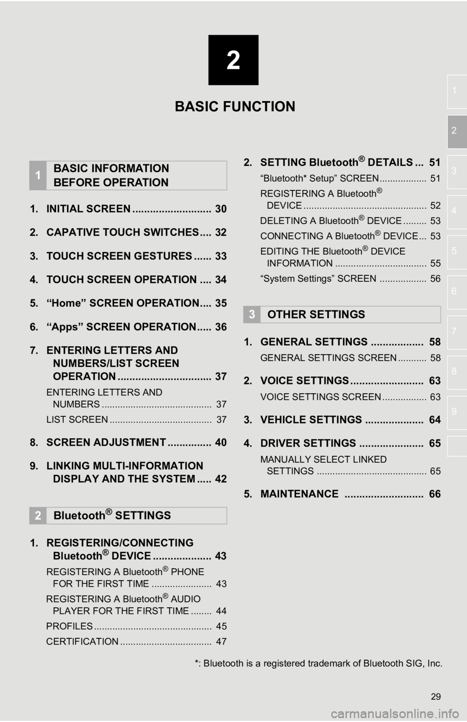 TOYOTA TACOMA 2019  Accessories, Audio & Navigation (in English) 2
29
1
2
3
4
5
6
7
8
9
1. INITIAL SCREEN ........................... 30
2. CAPATIVE TOUCH SWITCHES.... 32
3. TOUCH SCREEN G ESTURES ...... 33
4. TOUCH SCREEN OPERATION .... 34
5. “Home” SCREEN OPE