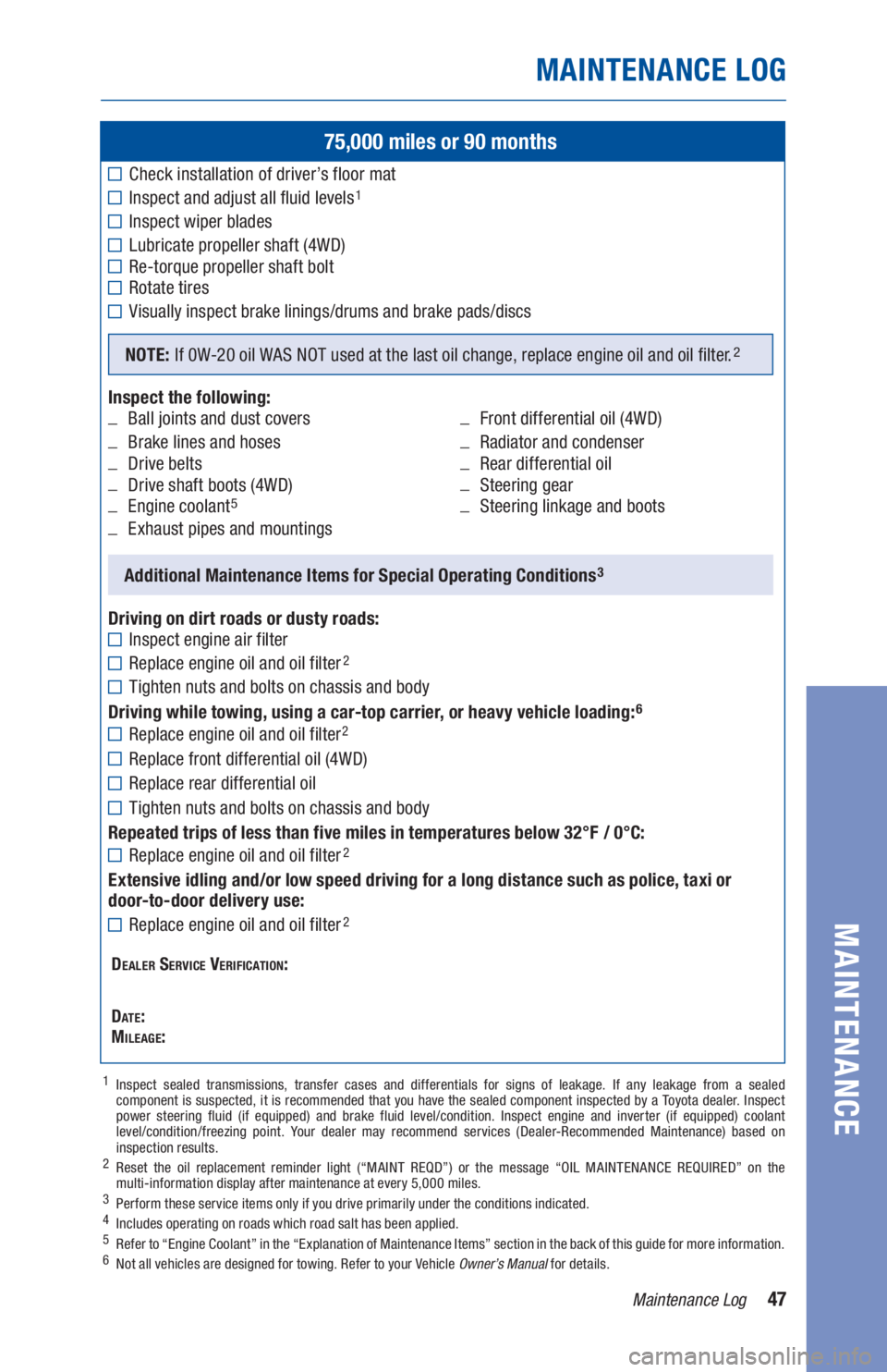 TOYOTA TACOMA 2019  Warranties & Maintenance Guides (in English) 47Maintenance Log
75,000 miles or 90 months
Check installation of driver’s floor mat
Inspect and adjust all fluid levels1
Inspect wiper blades
 Lubricate propeller shaft (4WD) Re-torque propeller sh