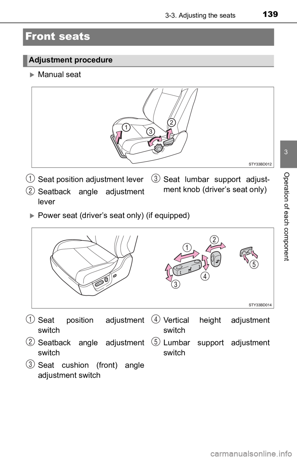 TOYOTA TACOMA 2020  Owners Manual (in English) 1393-3. Adjusting the seats
3
Operation of each component
Front seats
Manual seat
Power seat (driver’s seat only) (if equipped)
Adjustment procedure
Seat position adjustment lever
Seatback  an