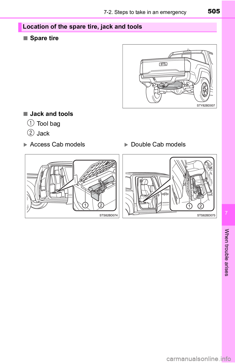 TOYOTA TACOMA 2020  Owners Manual (in English) 5057-2. Steps to take in an emergency
7
When trouble arises
■Spare tire
■Jack and toolsTool bag
Jack
Location of the spare tire, jack and tools
1
2
Access Cab modelsDouble Cab models 