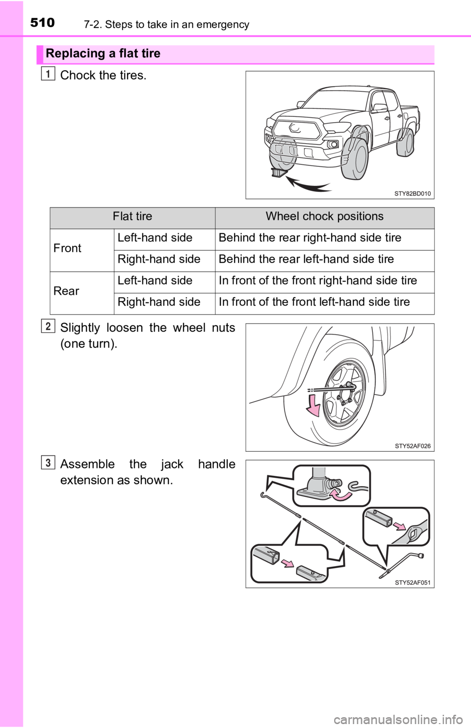 TOYOTA TACOMA 2020  Owners Manual (in English) 5107-2. Steps to take in an emergency
Chock the tires.
Slightly  loosen  the  wheel  nuts
(one turn).
Assemble  the  jack  handle
extension as shown.
Replacing a flat tire
1
Flat tireWheel chock posit