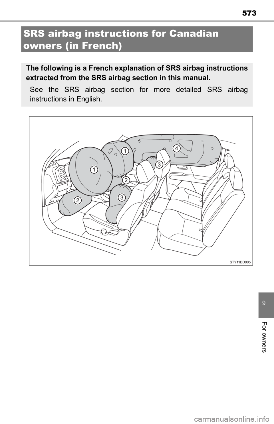 TOYOTA TACOMA 2020 Owners Manual (in English) 573
9
For owners
SRS airbag instructions for Canadian
owners (in French)
The following is a French explanation of SRS airbag instructions
extracted from the SRS air bag section in this manual.
See t TOYOTA TACOMA 2020 Owners Manual (in English) 573
9
For owners
SRS airbag instructions for Canadian
owners (in French)
The following is a French explanation of SRS airbag instructions
extracted from the SRS air bag section in this manual.
See t