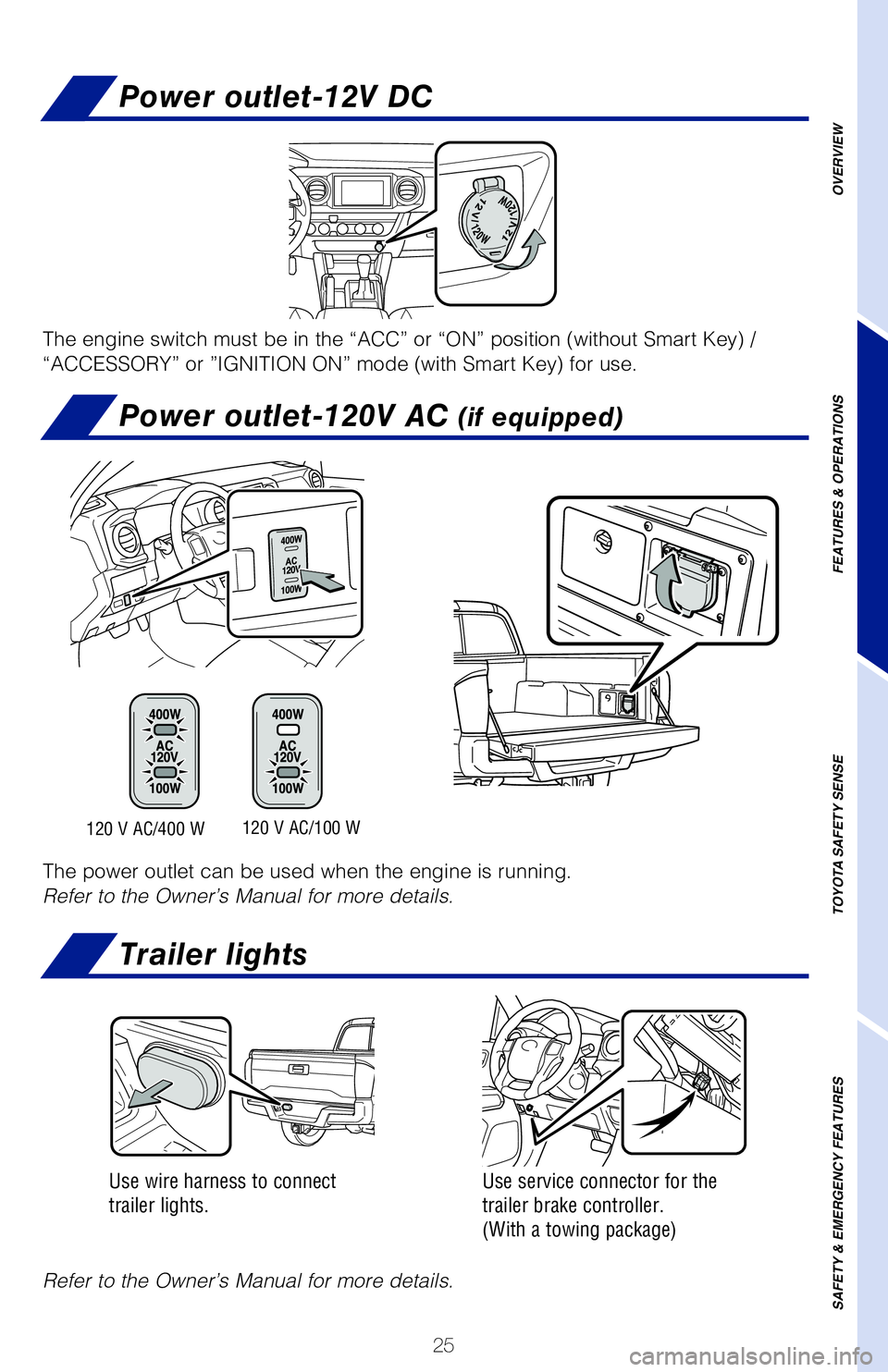 TOYOTA TACOMA 2020 (in English) Owners Manual 25
Power outlet-12V DC
Power outlet-120V AC (if equipped)
Trailer lights
Hi
Mid
Lo
The engine switch must be in the “ACC” or “ON” position (wi\
thout Smart Key) /
“ACCESSORY” or ”IGNITI TOYOTA TACOMA 2020 (in English) Owners Manual 25
Power outlet-12V DC
Power outlet-120V AC (if equipped)
Trailer lights
Hi
Mid
Lo
The engine switch must be in the “ACC” or “ON” position (wi\
thout Smart Key) /
“ACCESSORY” or ”IGNITI