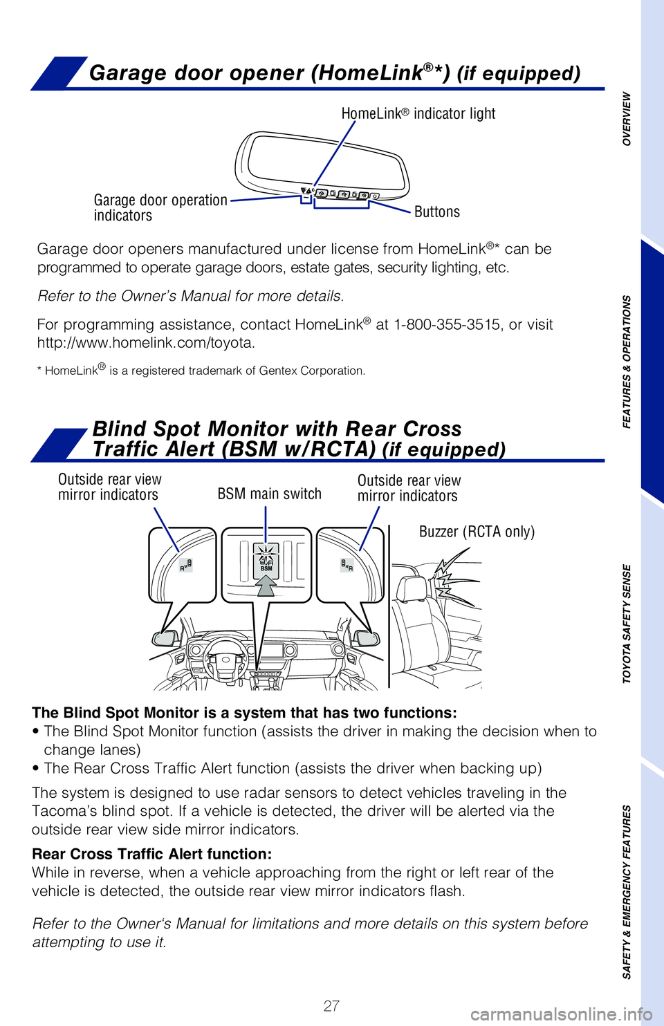 TOYOTA TACOMA 2020 (in English) Owners Manual 27
Garage door opener (HomeLink®*) (if equipped)
The active traction control system automatically helps prevent the spinning\
of four wheels when the vehicle is started or accelerated on slippery ro TOYOTA TACOMA 2020 (in English) Owners Manual 27
Garage door opener (HomeLink®*) (if equipped)
The active traction control system automatically helps prevent the spinning\
of four wheels when the vehicle is started or accelerated on slippery ro