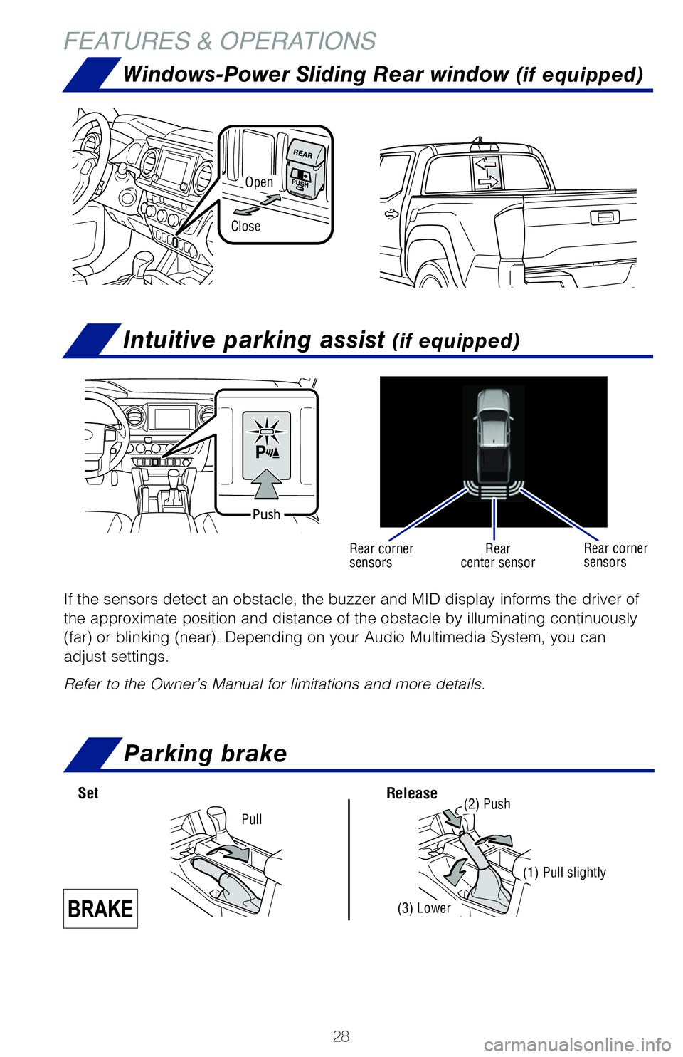 TOYOTA TACOMA 2020 (in English) Owners Manual 28
Intuitive parking assist (if equipped)
Windows-Power Sliding Rear window (if equipped)
FEATURES & OPERATIONS
If the sensors detect an obstacle, the buzzer and MID display informs th\
e driver of
t TOYOTA TACOMA 2020 (in English) Owners Manual 28
Intuitive parking assist (if equipped)
Windows-Power Sliding Rear window (if equipped)
FEATURES & OPERATIONS
If the sensors detect an obstacle, the buzzer and MID display informs th\
e driver of
t