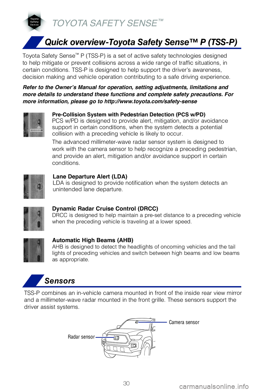 TOYOTA TACOMA 2020   (in English) Owners Guide 30
The Pre-Collision System uses a radar sensor and camera sensor to help d\
etect a 
vehicle or pedestrian in front of your vehicle.
As there is a limit to the degree of recognition accuracy and cont