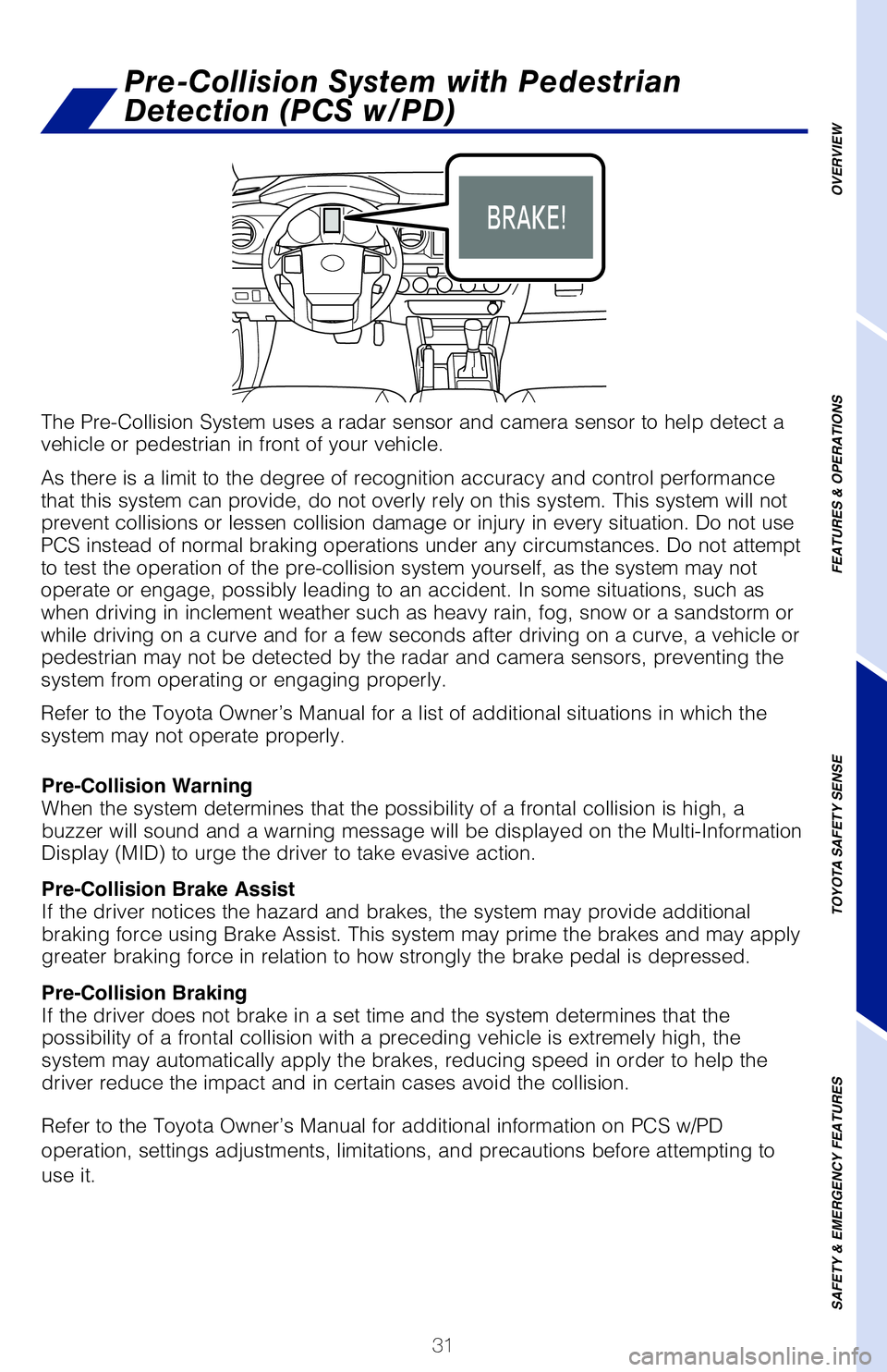 TOYOTA TACOMA 2020   (in English) Owners Guide 31
OVERVIEW
FEATURES & OPERATIONS
TOYOTA SAFETY SENSE
SAFETY & EMERGENCY FEATURES
The Pre-Collision System uses a radar sensor and camera sensor to help d\
etect a 
vehicle or pedestrian in front of y