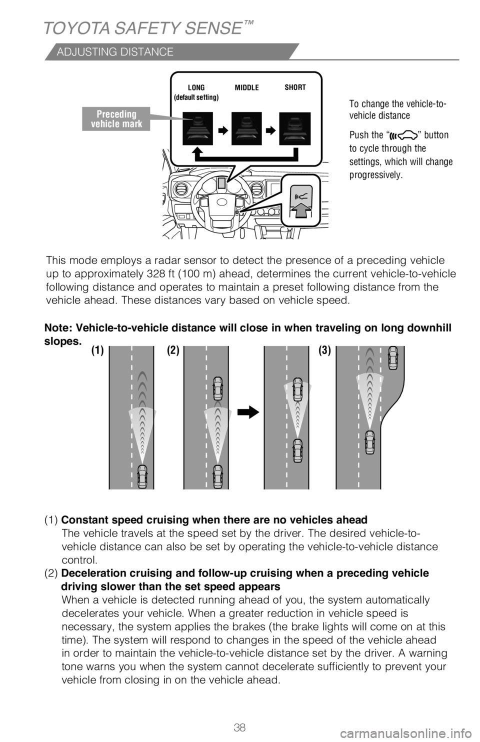 TOYOTA TACOMA 2020   (in English) Owners Guide 38
SWITCHING TO CONSTANT SPEED (CRUISE) CONTROL MODE
TOYOTA SAFETY SENSE™
ADJUSTING DISTANCE
To change the vehicle-to-
vehicle distance
 
Push the “
” button 
to cycle through the 
settings, whi