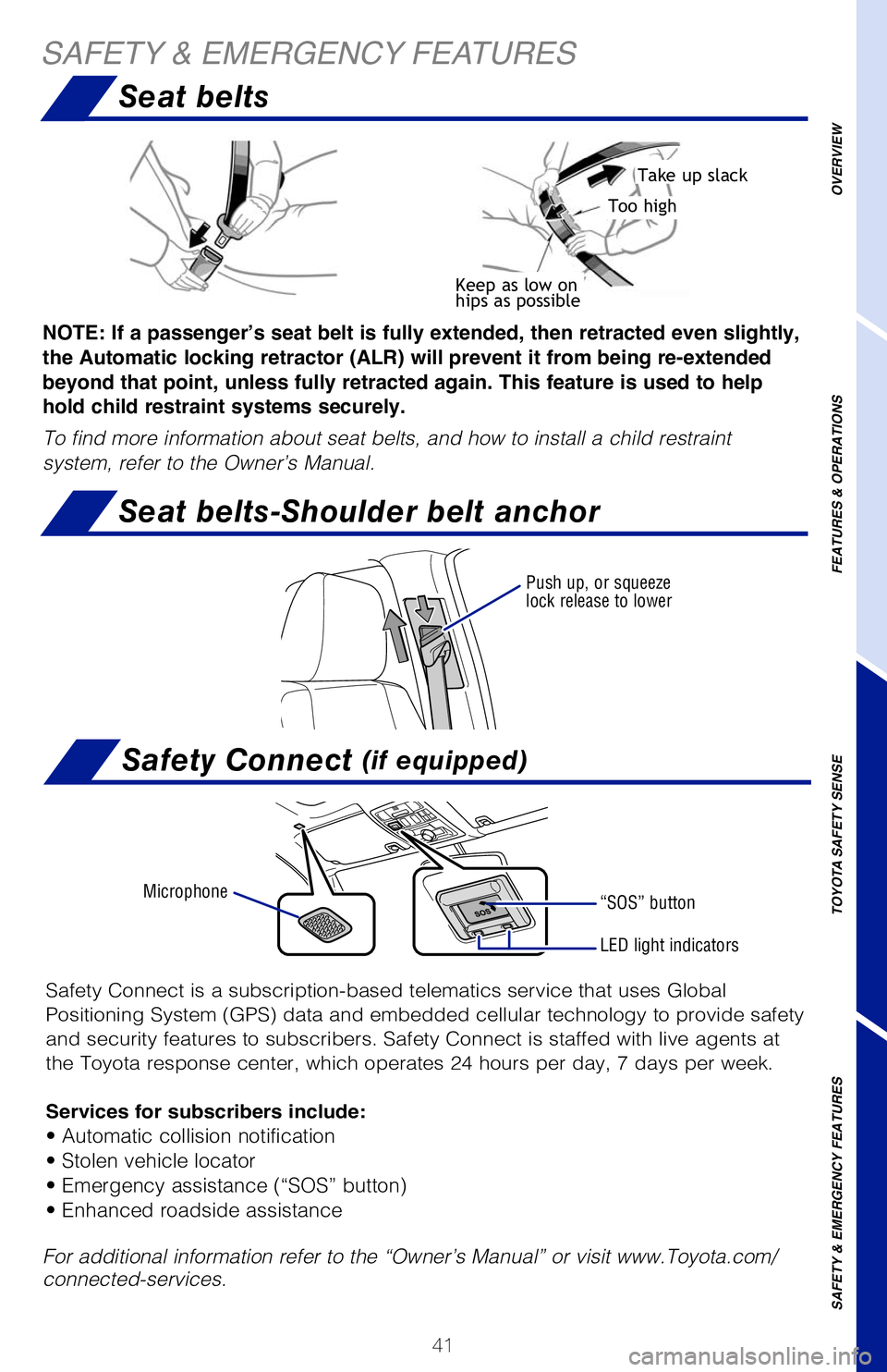TOYOTA TACOMA 2020   (in English) Service Manual 41
AHB is a safety system designed to help drivers see more of what’s ahead\
 at 
nighttime while reducing glare for oncoming drivers. When enabled, AHB uses an
 
in-vehicle camera to help detect th