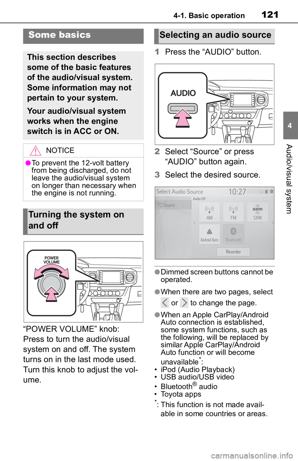 TOYOTA TACOMA 2020 Accessories, Audio & Navigation (in English) 1214-1. Basic operation
4
Audio/visual system
“POWER VOLUME” knob:
Press to turn the audio/visual
system on and off. The system
turns on in the last mode used.
Turn this knob to adjust the vol TOYOTA TACOMA 2020 Accessories, Audio & Navigation (in English) 1214-1. Basic operation
4
Audio/visual system
“POWER VOLUME” knob:
Press to turn the audio/visual
system on and off. The system
turns on in the last mode used.
Turn this knob to adjust the vol