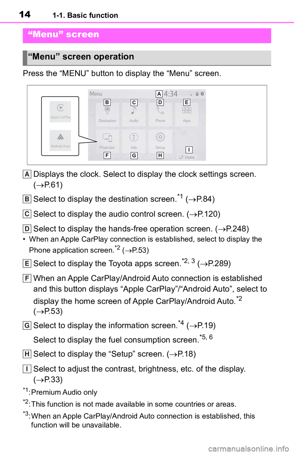 TOYOTA TACOMA 2020 Accessories, Audio & Navigation (in English) 141-1. Basic function
Press the “MENU” button to display the “Menu” screen.Displays the clock. Select to display the clock settings screen .
( P. 6 1 )
Select to display the destination sc TOYOTA TACOMA 2020 Accessories, Audio & Navigation (in English) 141-1. Basic function
Press the “MENU” button to display the “Menu” screen.Displays the clock. Select to display the clock settings screen .
( P. 6 1 )
Select to display the destination sc