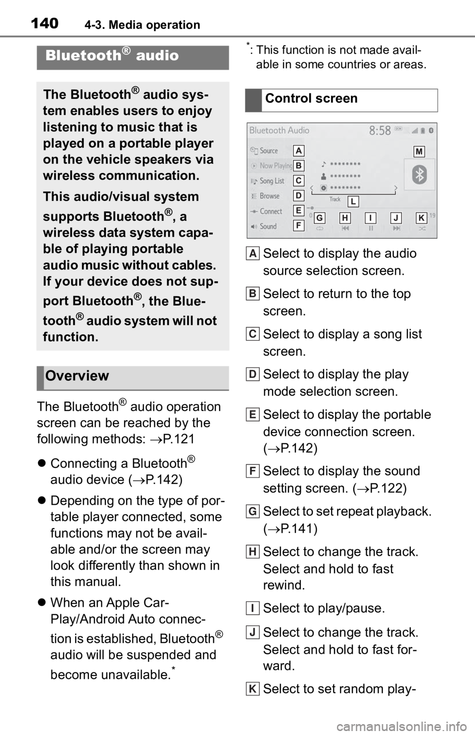 TOYOTA TACOMA 2020  Accessories, Audio & Navigation (in English) 1404-3. Media operation
The Bluetooth® audio operation 
screen can be reached by the 
following methods:  P. 1 2 1
 Connecting a Bluetooth
® 
audio device ( P.142)
 Depending on the type