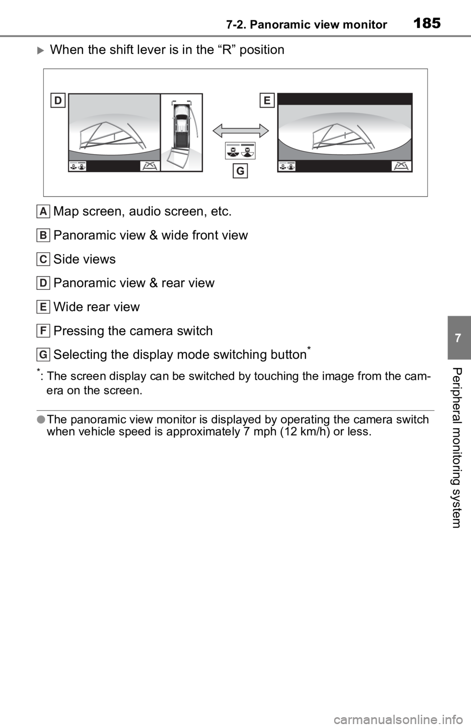 TOYOTA TACOMA 2020 Accessories, Audio & Navigation (in English) 1857-2. Panoramic view monitor
7
Peripheral monitoring system
When the shift lever is in the “R” positionMap screen, audio screen, etc.
Panoramic view & wide front view
Side views
Panoramic vie TOYOTA TACOMA 2020 Accessories, Audio & Navigation (in English) 1857-2. Panoramic view monitor
7
Peripheral monitoring system
When the shift lever is in the “R” positionMap screen, audio screen, etc.
Panoramic view & wide front view
Side views
Panoramic vie