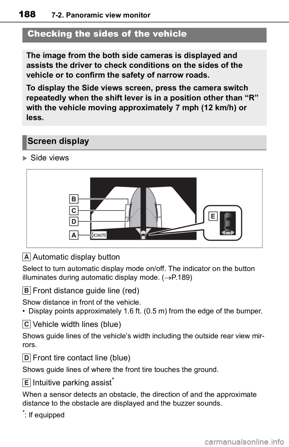 TOYOTA TACOMA 2020 Accessories, Audio & Navigation (in English) 1887-2. Panoramic view monitor
Side views
Automatic display button
Select to turn automatic display mode on/off. The indicator on the button
illuminates during autom atic display mode. (P.189) TOYOTA TACOMA 2020 Accessories, Audio & Navigation (in English) 1887-2. Panoramic view monitor
Side views
Automatic display button
Select to turn automatic display mode on/off. The indicator on the button
illuminates during autom atic display mode. (P.189)