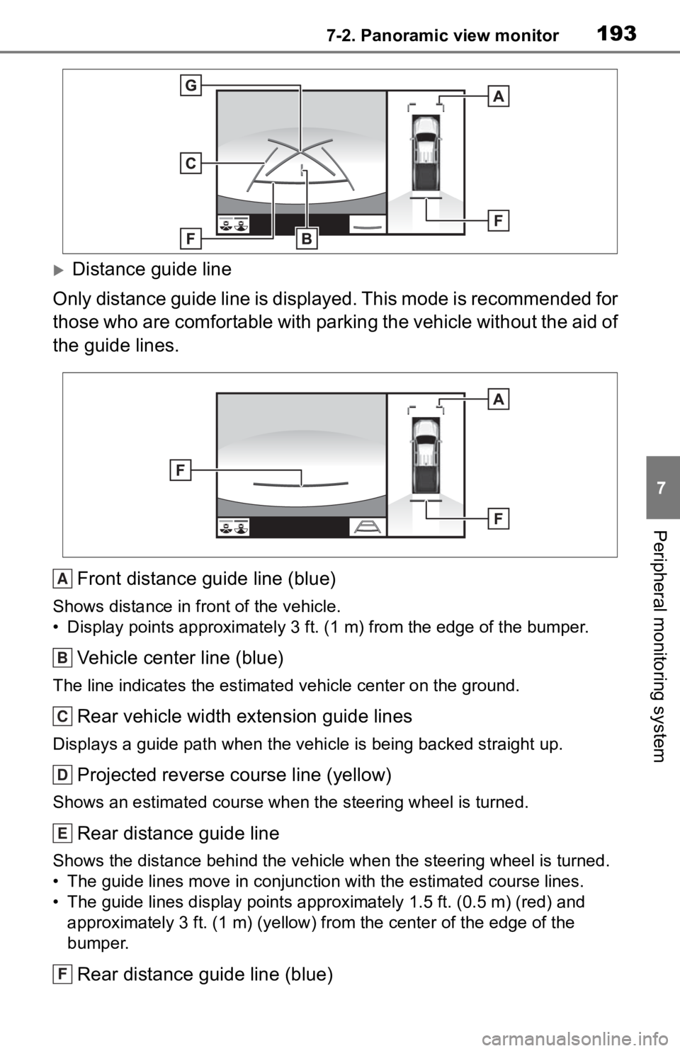 TOYOTA TACOMA 2020  Accessories, Audio & Navigation (in English) 1937-2. Panoramic view monitor
7
Peripheral monitoring system
Distance guide line
Only distance guide line is dis played. This mode is recommended  for 
those who are comfortable with parking the v