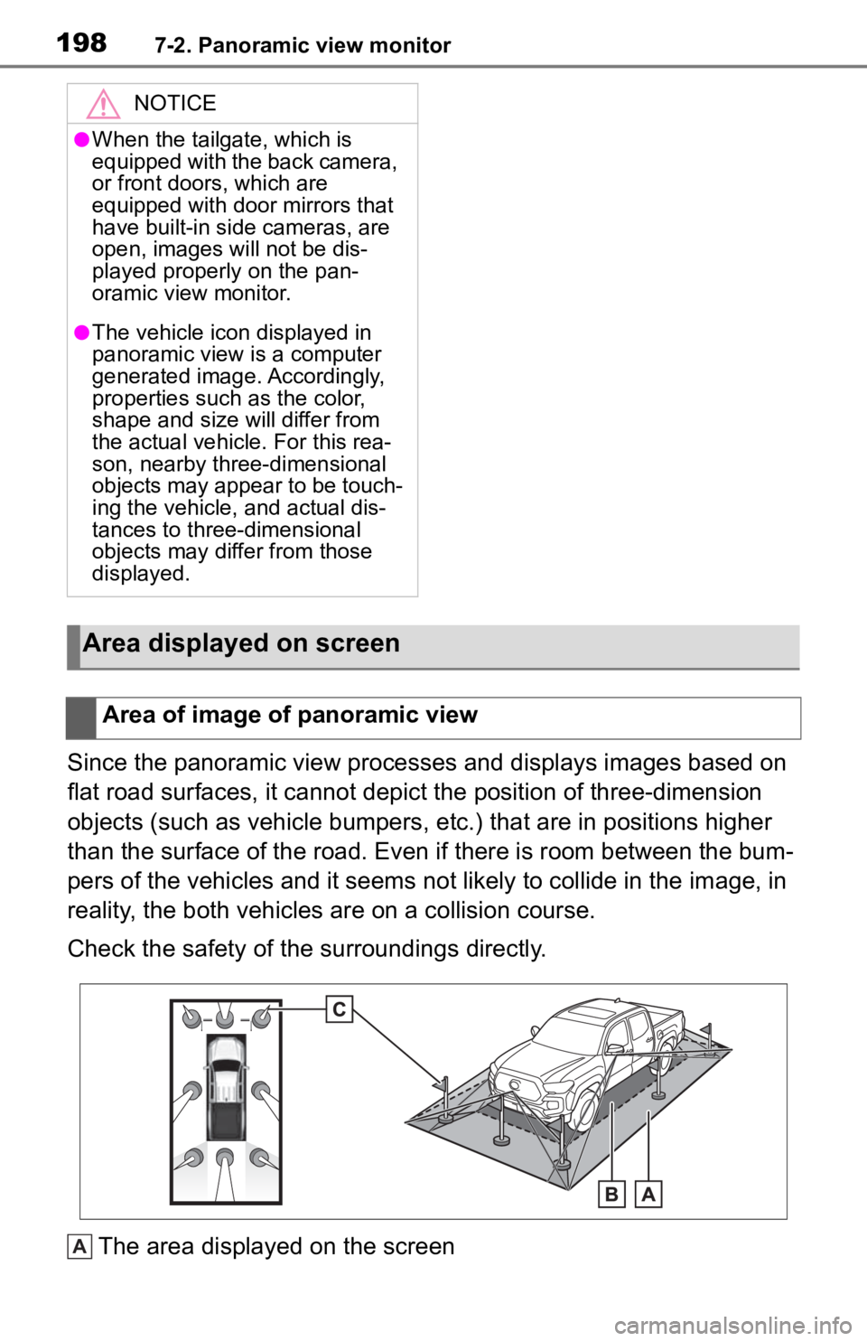 TOYOTA TACOMA 2020  Accessories, Audio & Navigation (in English) 1987-2. Panoramic view monitor
Since the panoramic view processes and displays images based on  
flat road surfaces, it cannot depict the position of three-dimension 
objects (such as vehicle bumpers 